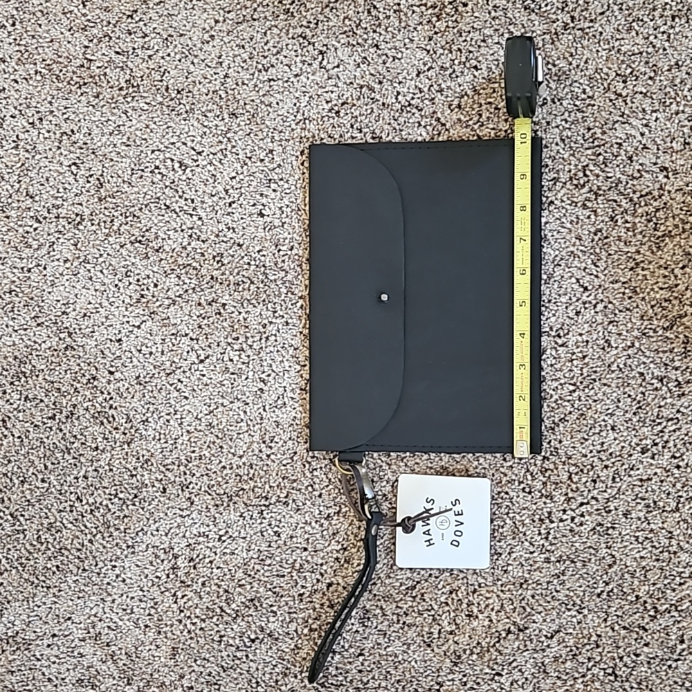 Hawkes and Doves black leather clutch